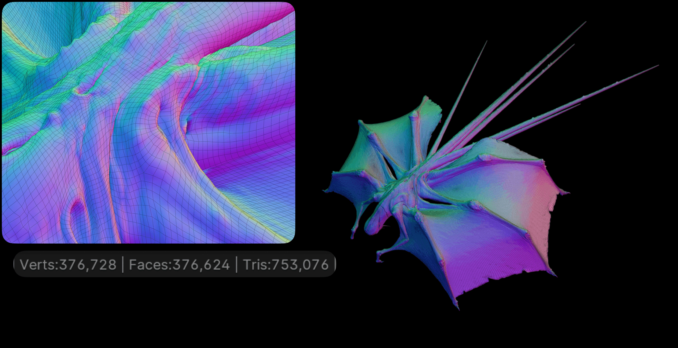 Unmodified import showing relative normals and wireframe and detail of original topology near wing joints. Self-intersection interferes with animation.