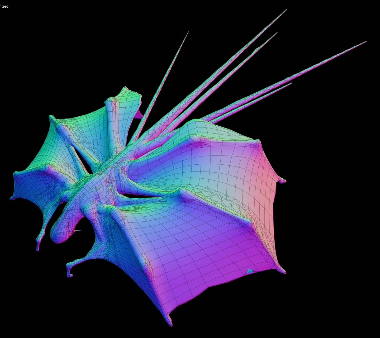 decimated mesh showing relative normals and wireframe.