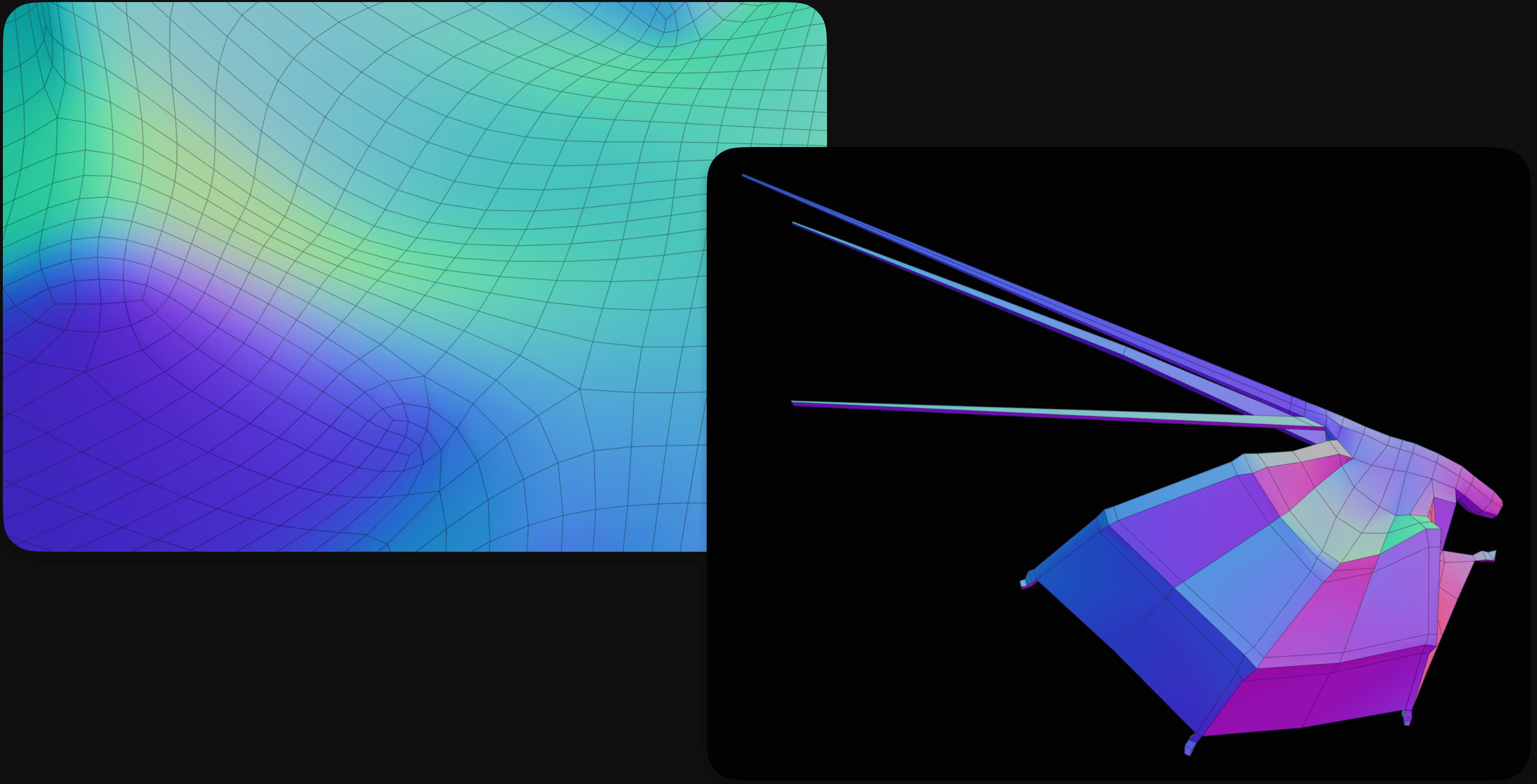 Low-poly base mesh and detail of quad edge flow at wing joints.
