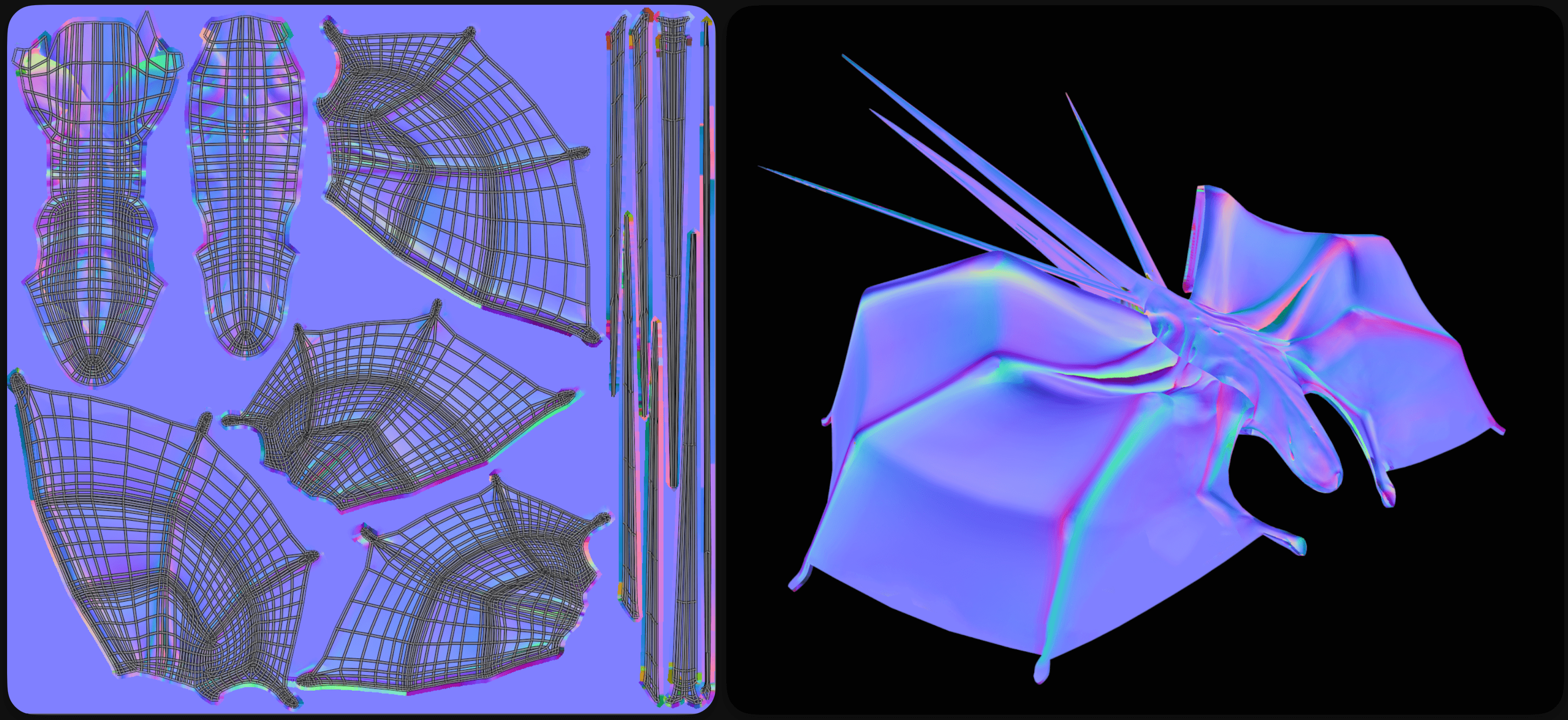 Single-tile UV map of the model overlaid on normal map texture and simplified mesh with baked normal map applied as an unlit preview texture.