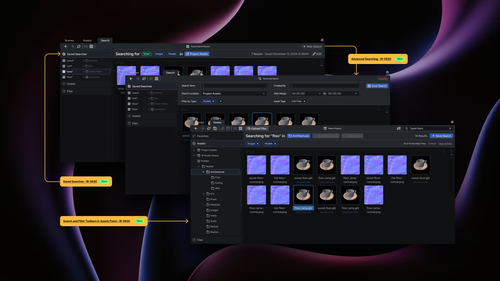 Diagram of new Search panel features, including advanced filtering and saved searches.