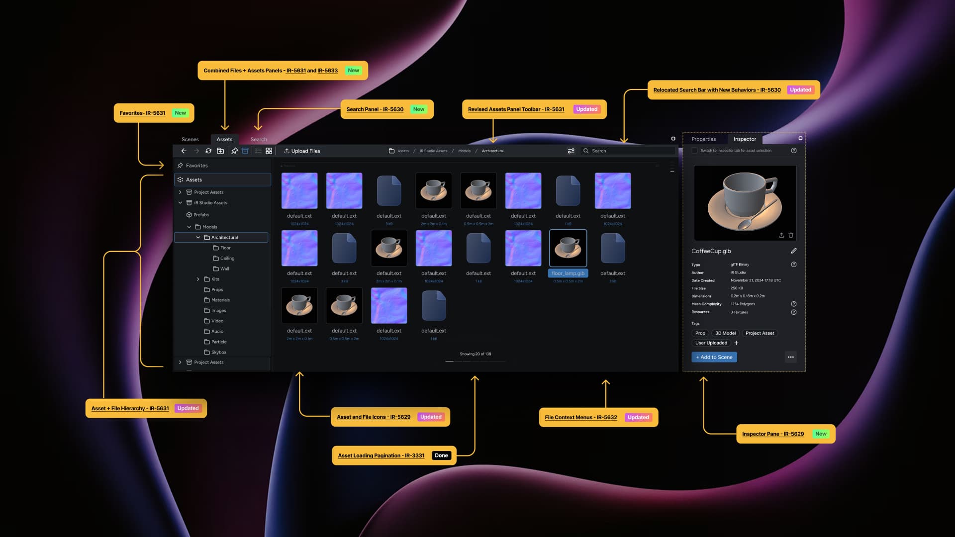 Diagram of new Assets panel architecture, with new and updated features called out.