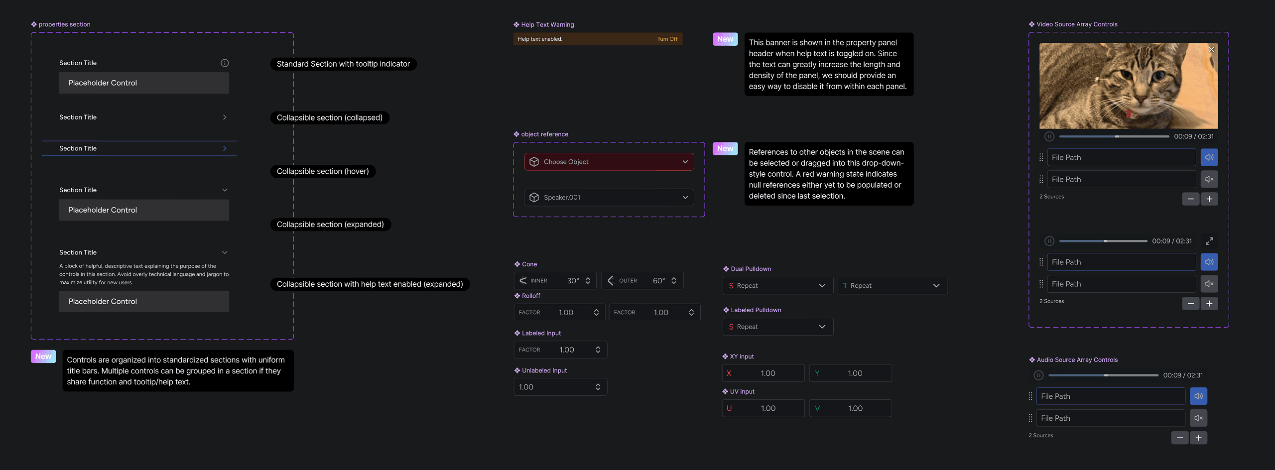 A (very small) sampling of the unique design sytem developed for component Properties. New components were introduced to increase information density and clarity with consistent alignments and typographical hierarchy.