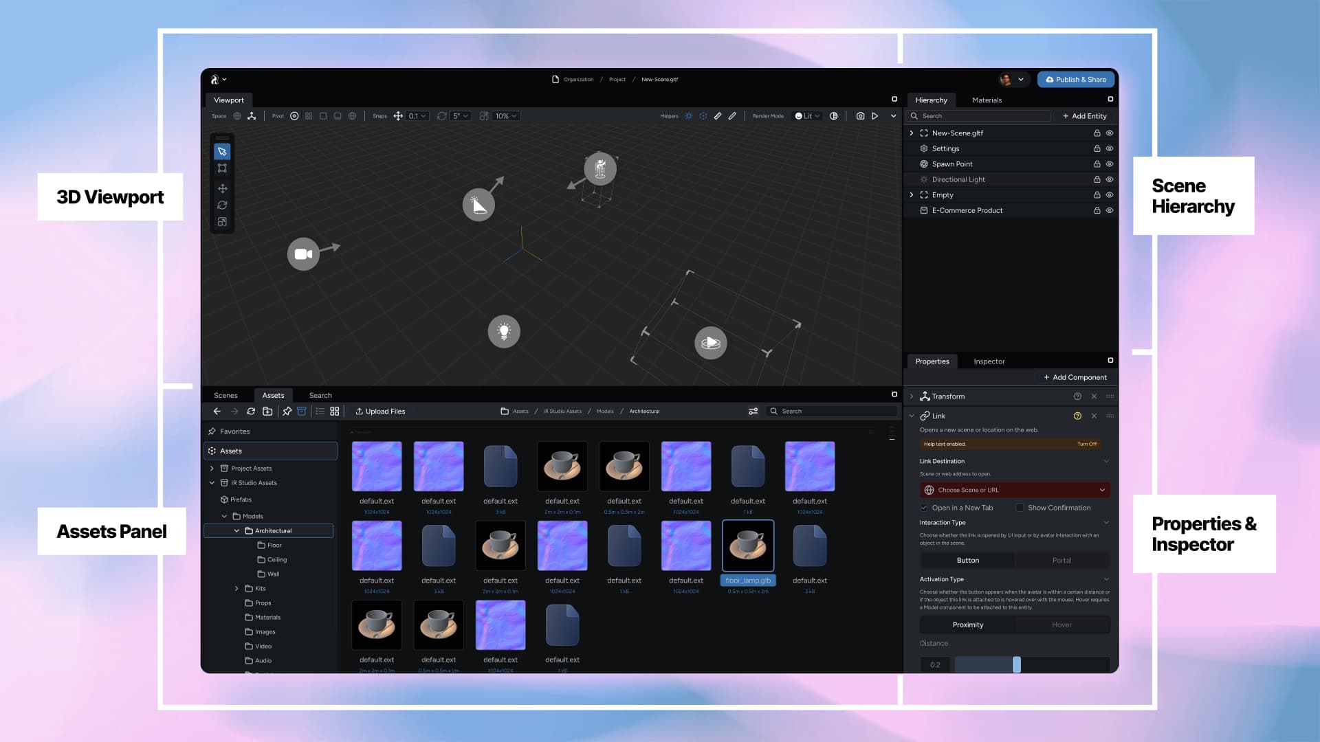 Editor window with quadrants identified, clockwise from top-left: Viewport, Scene Hierarchy, Properties, Assets Panel.