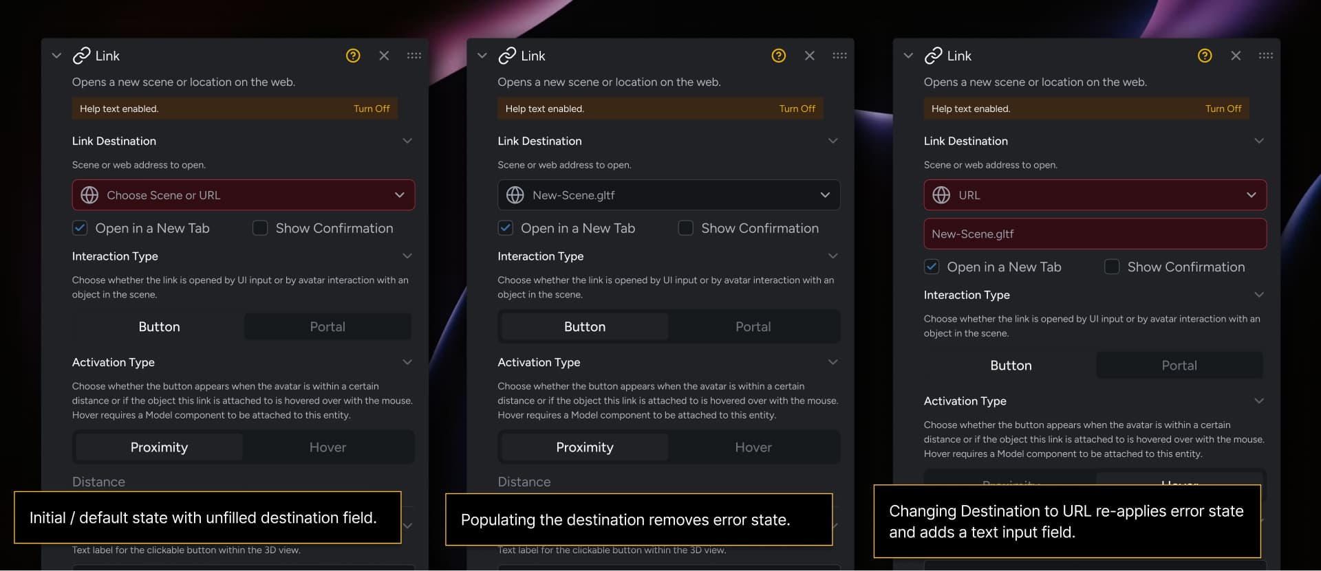 Example of documentation for properties panel behaviors and design patterns, with inline help text toggled on.