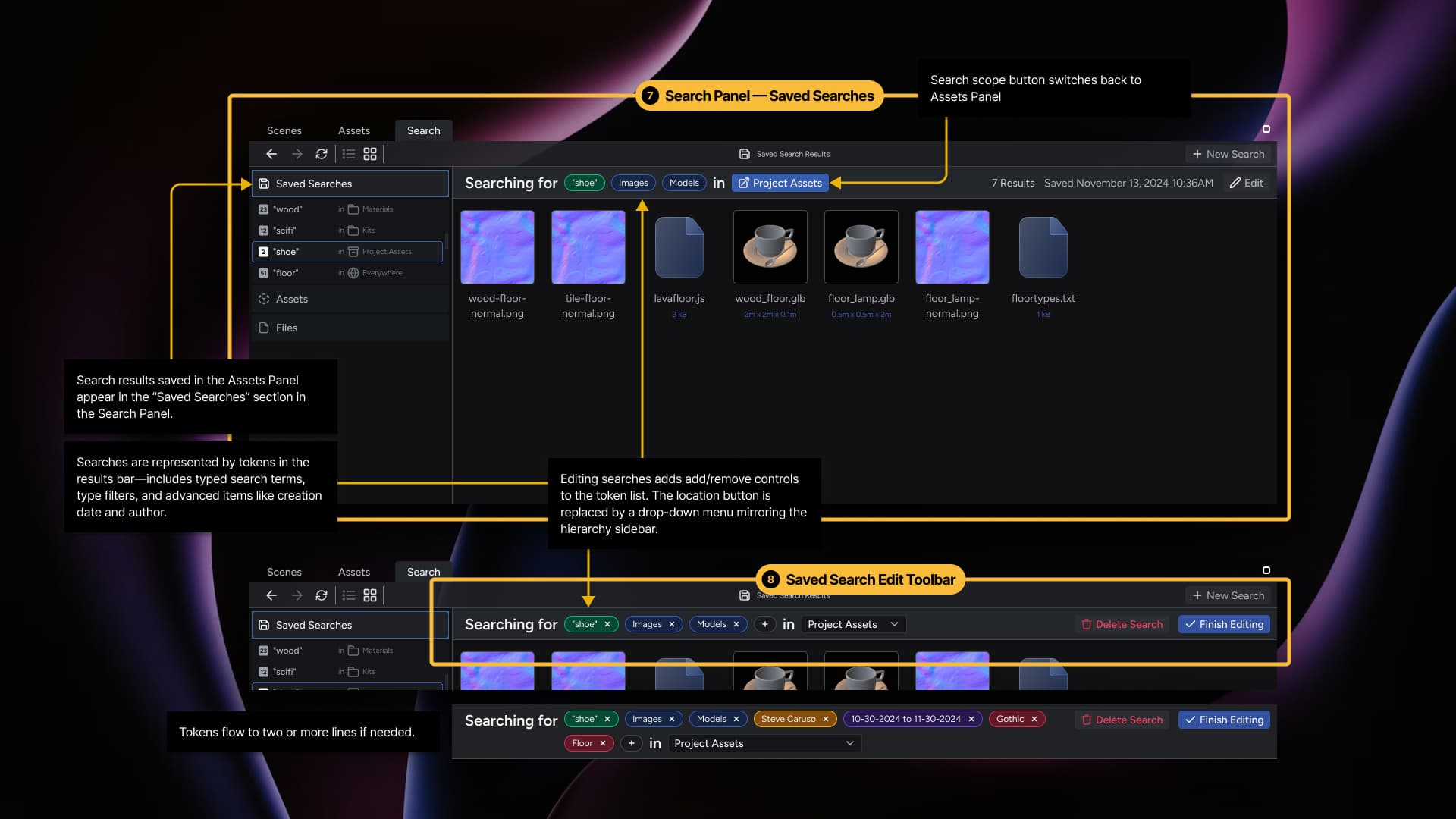 Excerpt from design documentation package showing some of how Saved Searches work. Assets can also be saved directly to favorites from the toolbar or context menu.