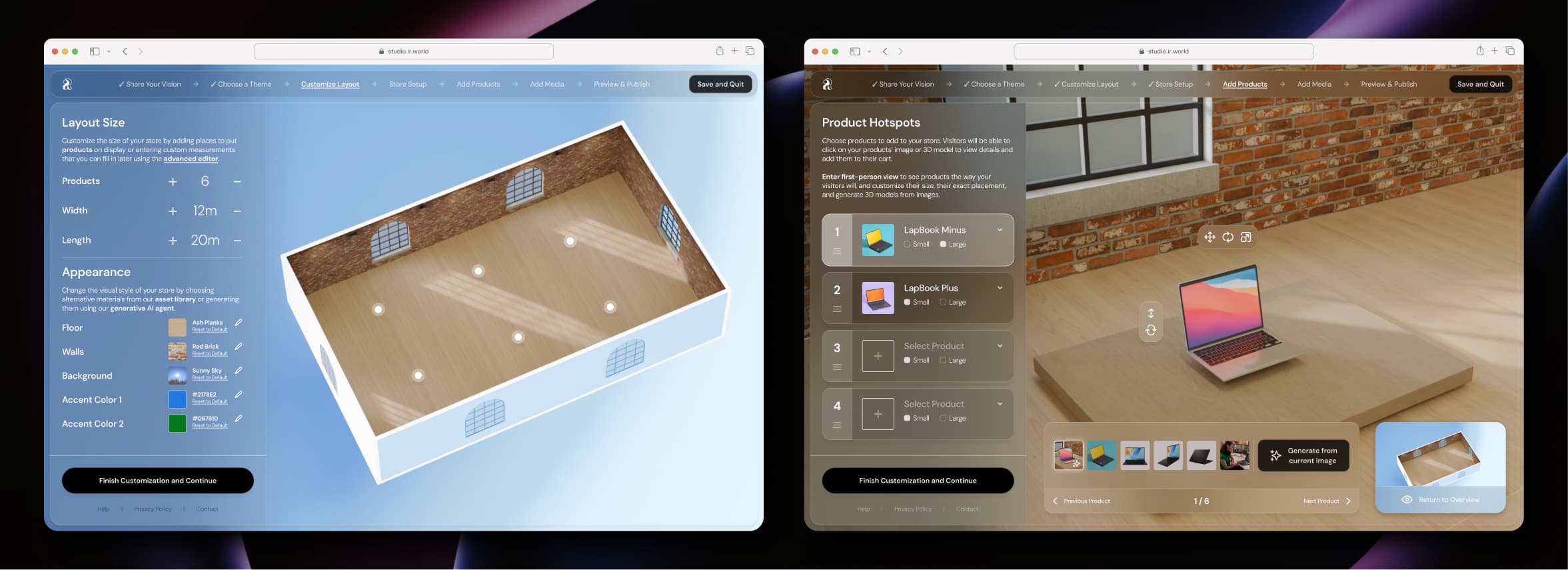 While working on iR Studio's successor, I redesigned the Setup Assistant using the new design system developed for World Builder and a stronger emphasis on customization and customer content. This design was intended to expedite deployment of new ideas for testing and give the product one final push until its replacement was ready. This reimagined Assistant was not implemented before iR Studio was sunsetted.