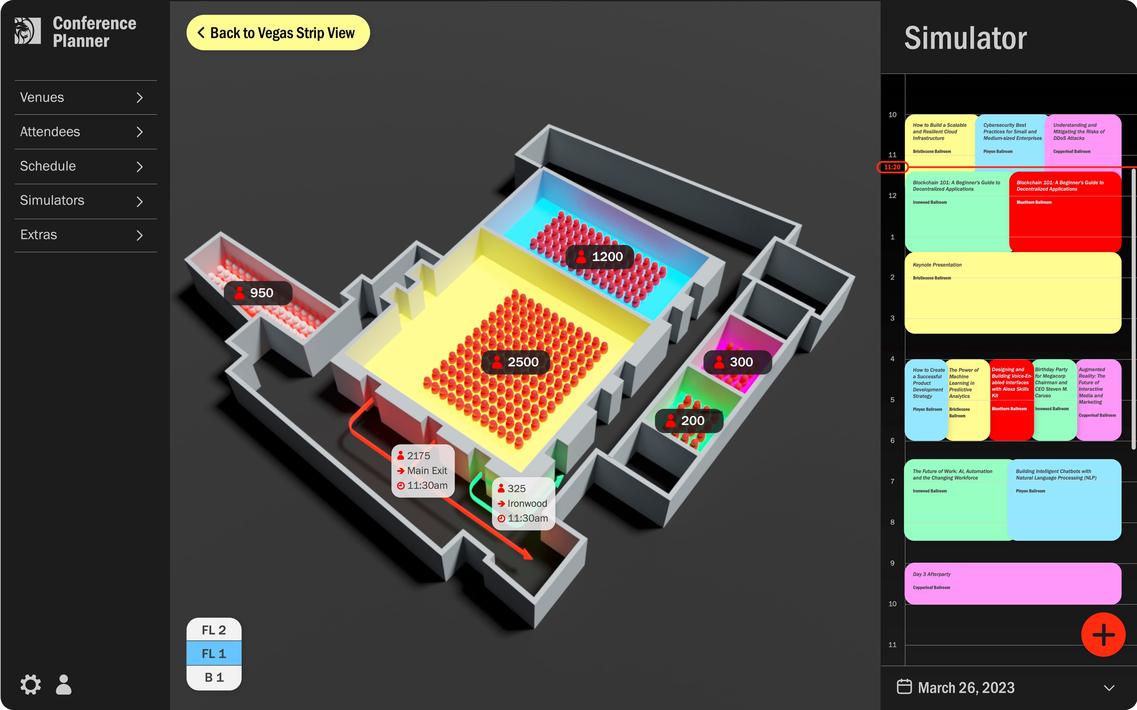 Mockup of a conference center event planning tool with a digital twin simulating room capacities and traffic flow.