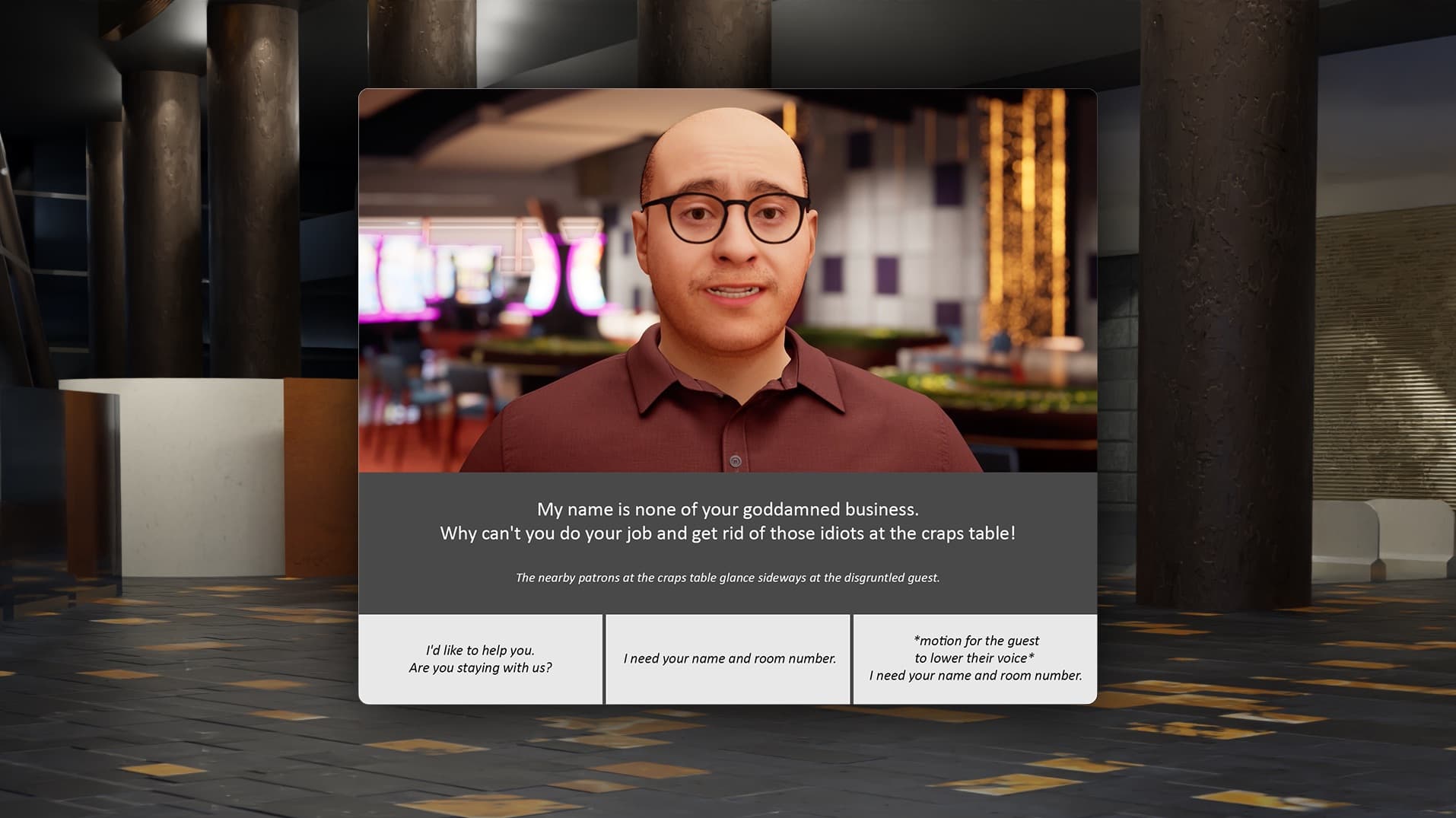 Dialog interface with rendered character video and response options.