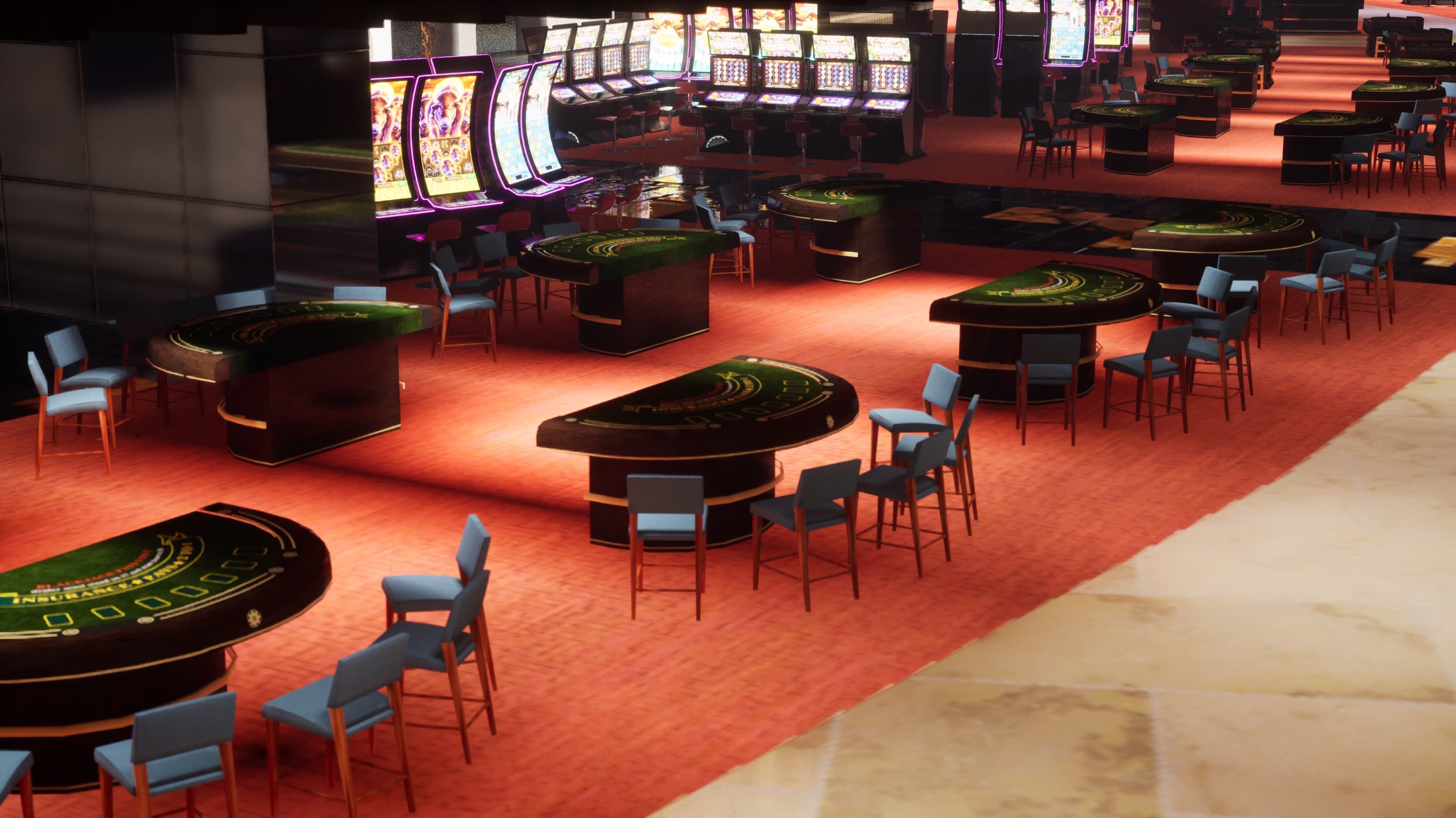 Procedurally generated gaming floor with instanced slot machines and tables.
