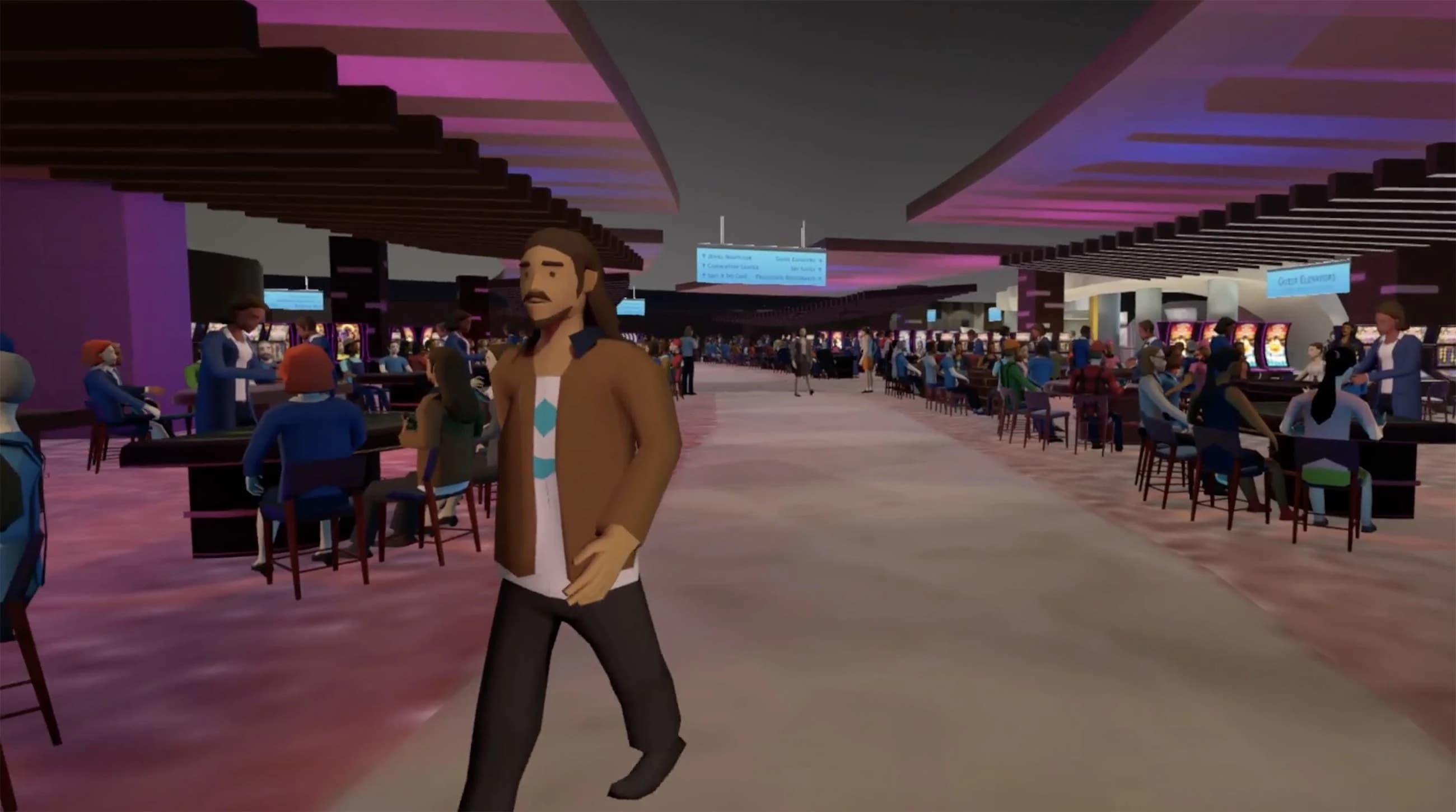Digital twin with baked lighting, crowd simulation, and wayfinding signage running on the Quest 2 headset.