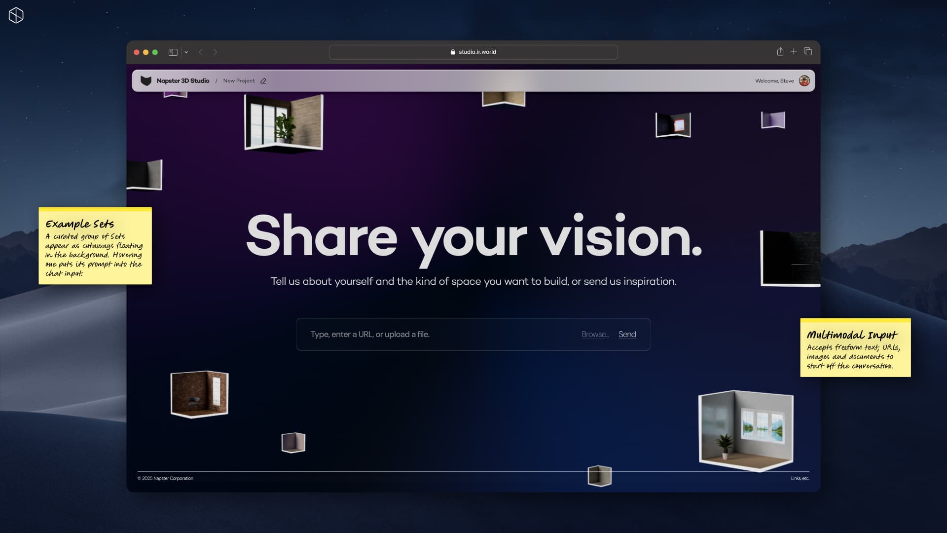 The initial onboarding page asking 'Share your vision' with a multimodal chat input. A high-fidelity prototype with sample conversation and motion design is linked in footnote [4].