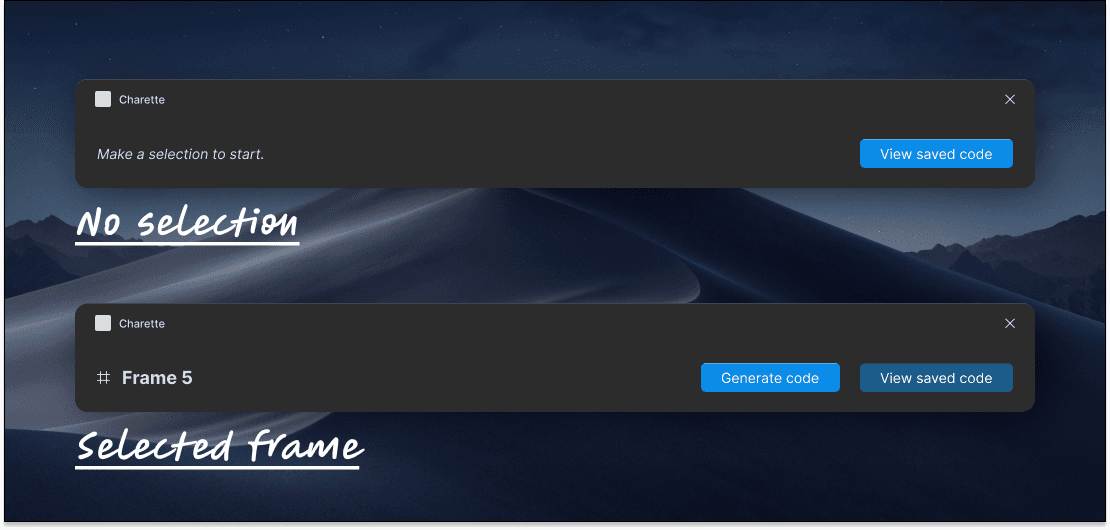 Initial plugin interface is minimal to save viewport space for object selection. If a selected object has been generated and modified already, that code is automatically saved locally and can be recalled from here.
