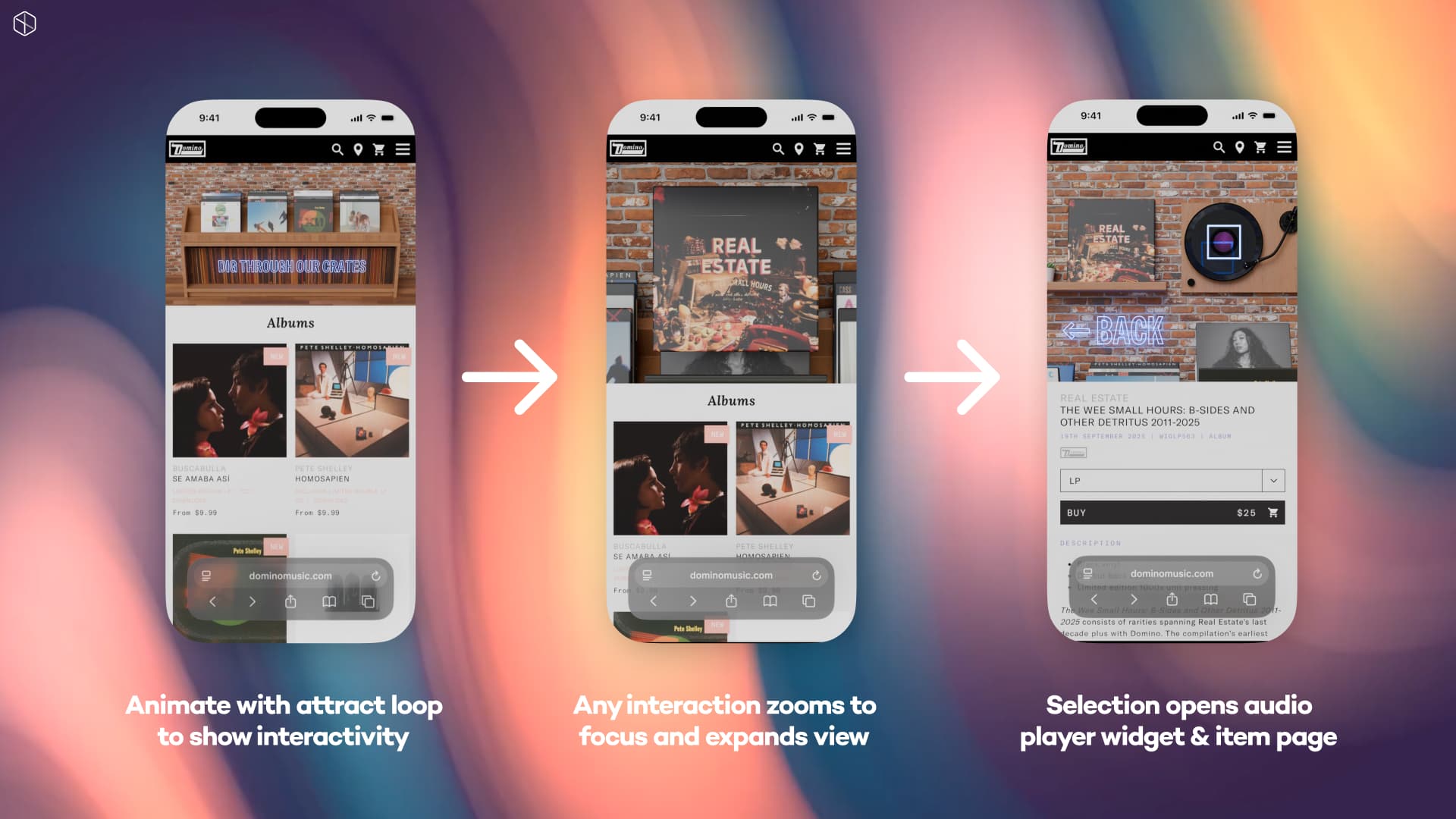 Progressive immersion with interaction: embeds start as self-contained animations and expand when tapped into.