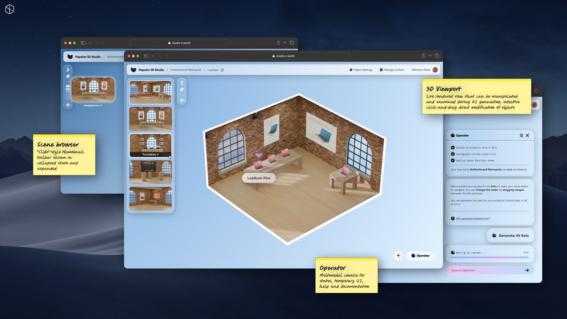 Base World Builder editor view showing variable states for Scenes and Operator interfaces.