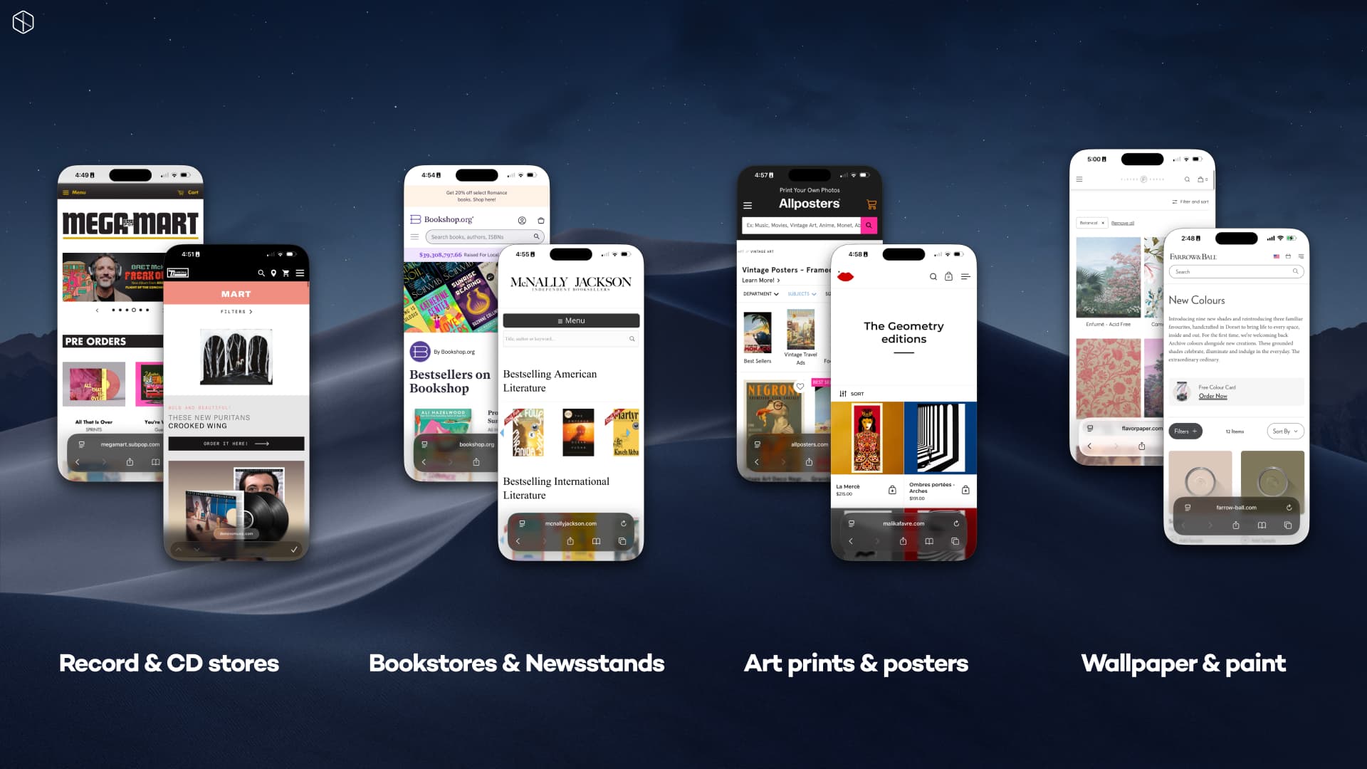 A small selection of store types examined during research, which showed a majority of small retail merchants selling products that could be represented by simple geometry customized with assets they're able to easily and reliably provide.