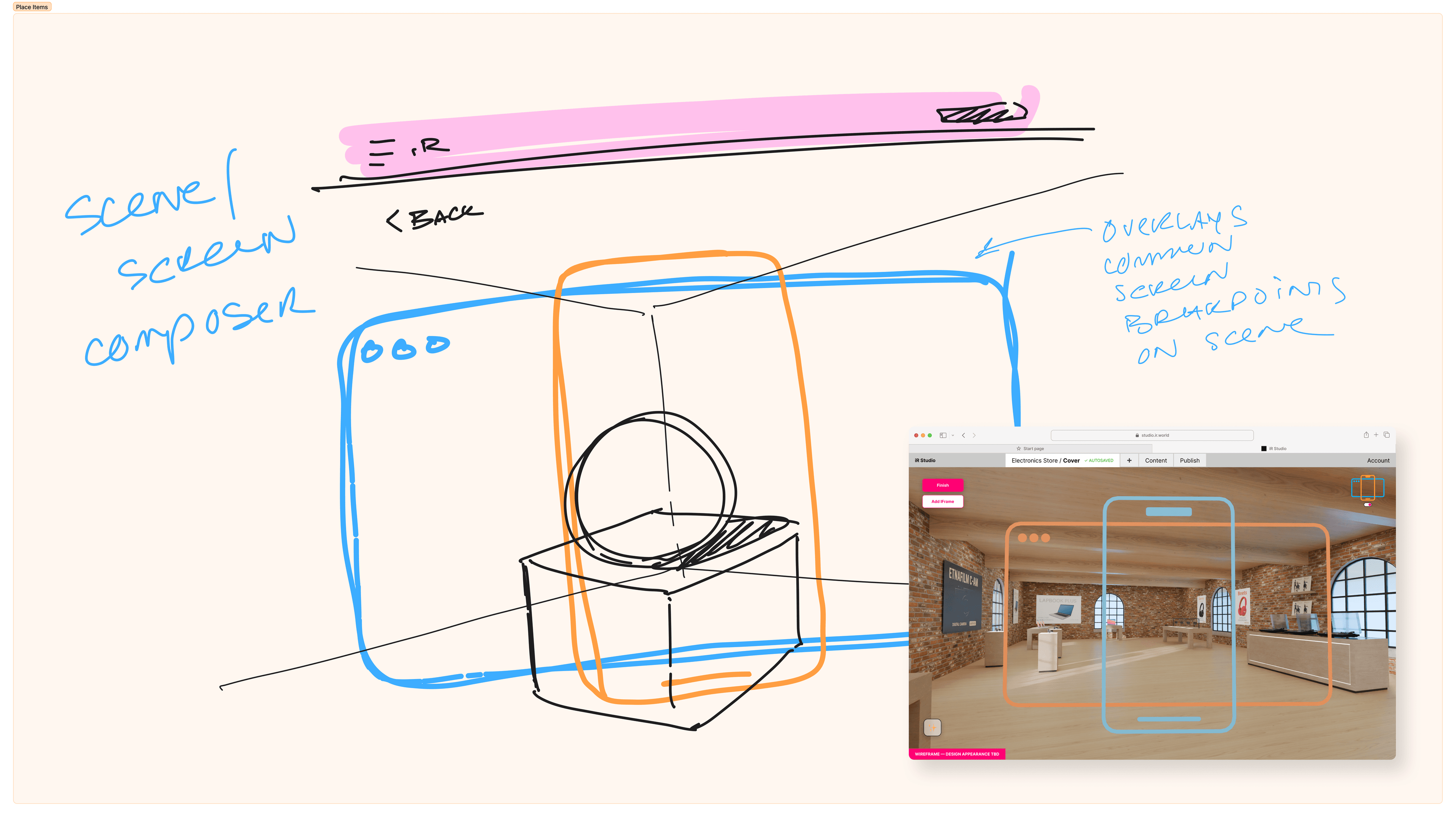 Scenes not only define the purpose and interactivity of a Set, but also acts as a keyframe for camera positioning. The interface for setting Scenes included framelines for mobile and desktop viewports, allowing compositions to be set with intention.