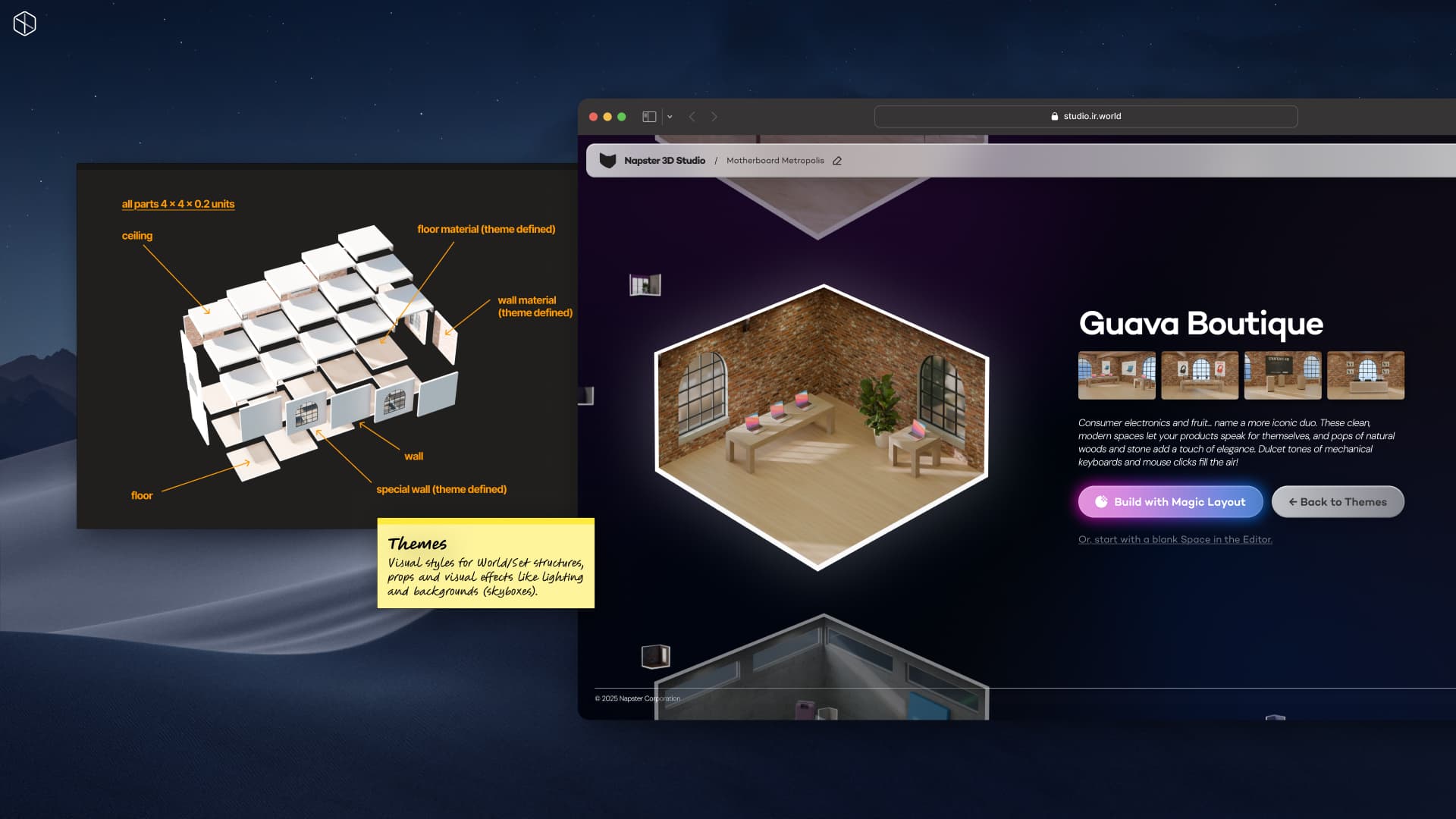 Props and structural objects are organized into Themes, which can quickly be applied to Sets to change their mood or style.