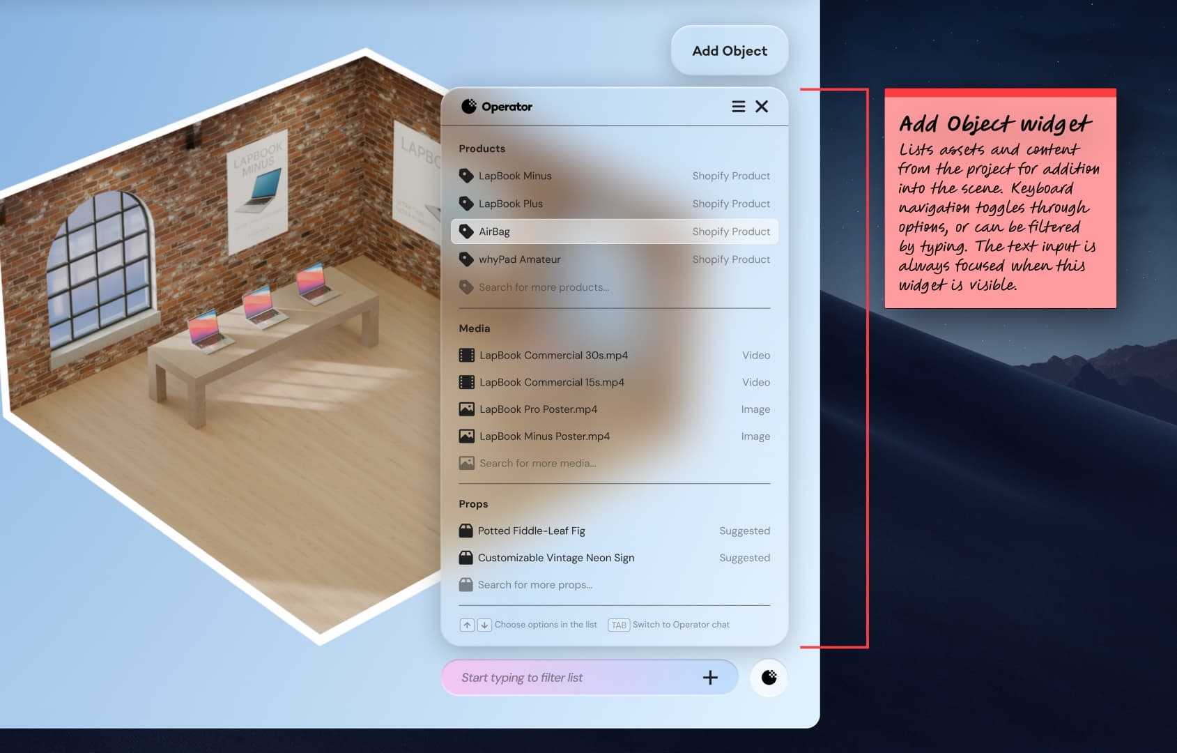 Operator's scrolling chat history is replaced with a keyboard-navigable list of objects to add to the scene when asked to add objects.